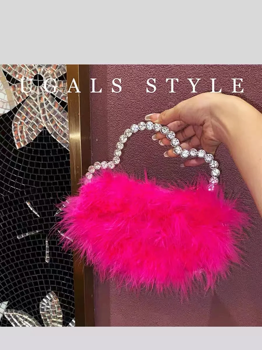 

Luxury Designer Mink Hair Women Fashion Handbag Crystal Diamonds Handle Evening Bag Wedding Party Clutch Purse Crossbody Bag
