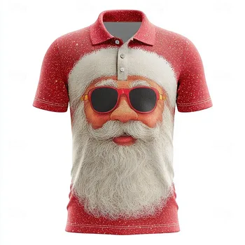 Camisa Polo Hombre Manga Corta 3D Papá Noel Navidad | Gran Talla Casual Vacaciones | Botones Solapa