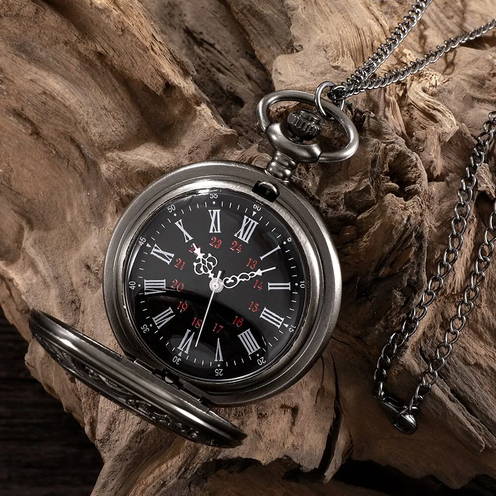Quartz Watch Roman Numerals Pocket Watch Men Women Hollow Case Steampunk Vintage Pendant Necklace