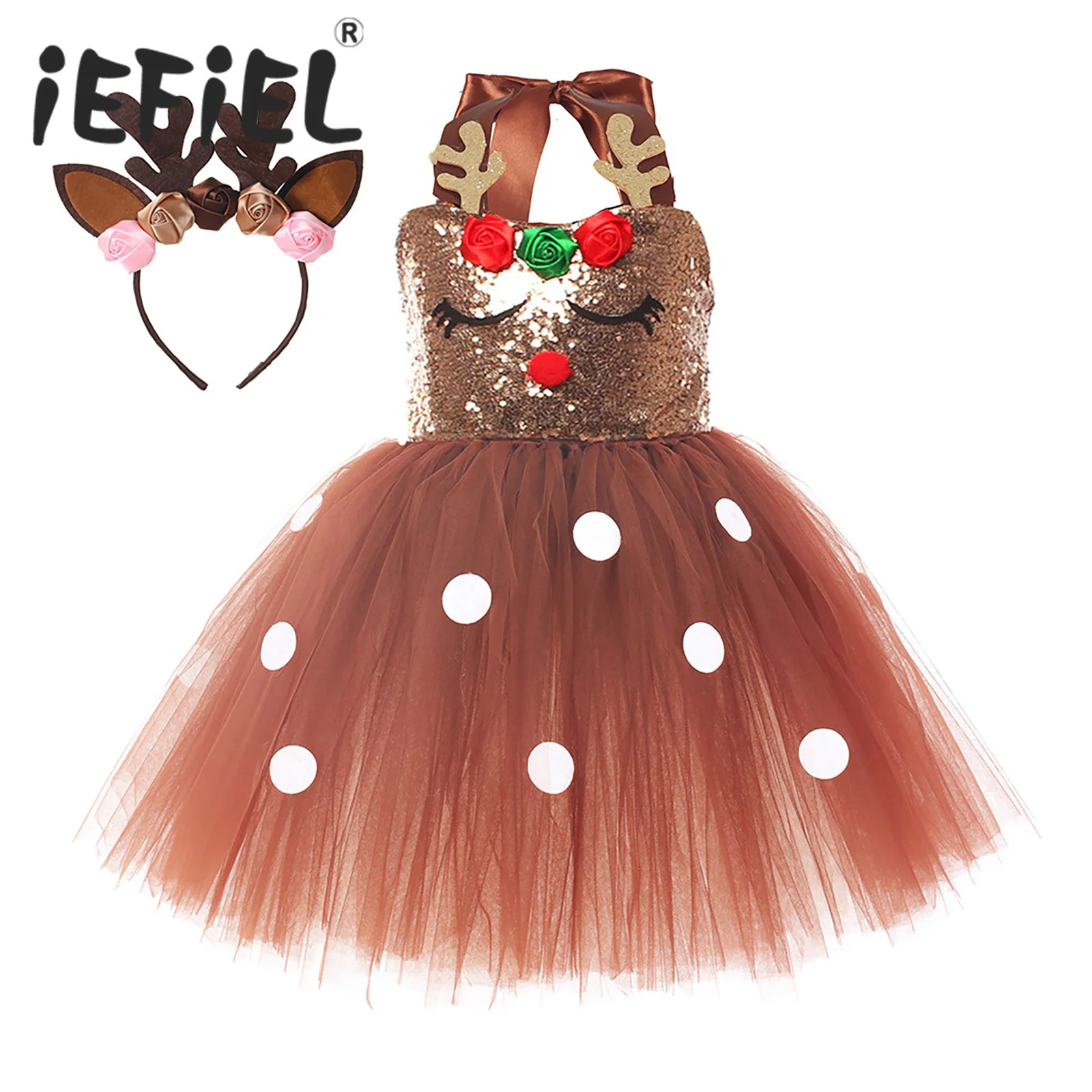 

Kids Girls Christmas Reindeer Costume Halter Neck Sleeveless Sequins Tutu Dress with Deer Hair Hoop Xmas New Year Party Clothes