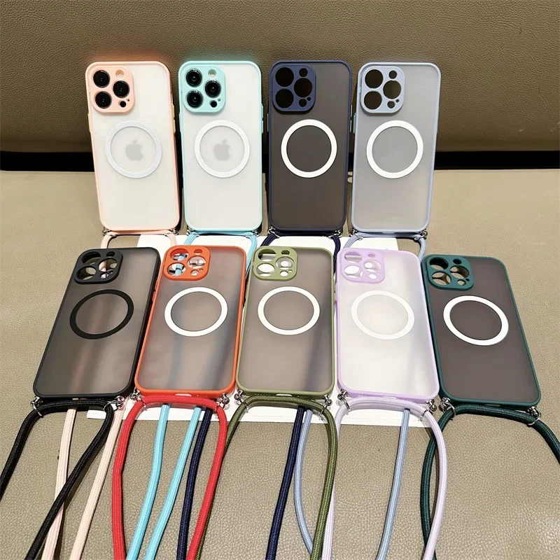 Crossbody Lanyard Matte Hard Magnetic Phone Case with Magsafe Back Cover