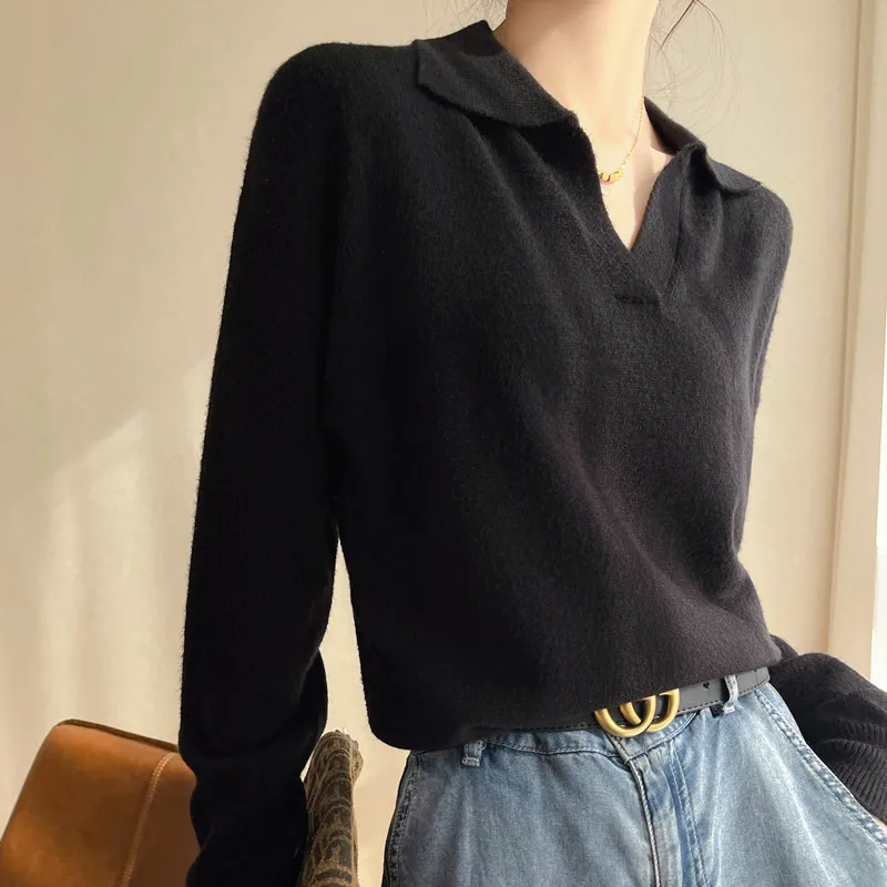 Women's Collar Knitted Sweater SpringAutumn Sleeved Solid Color Loose Korean Style Fashionable Lapel Pullover Jumper Top 4