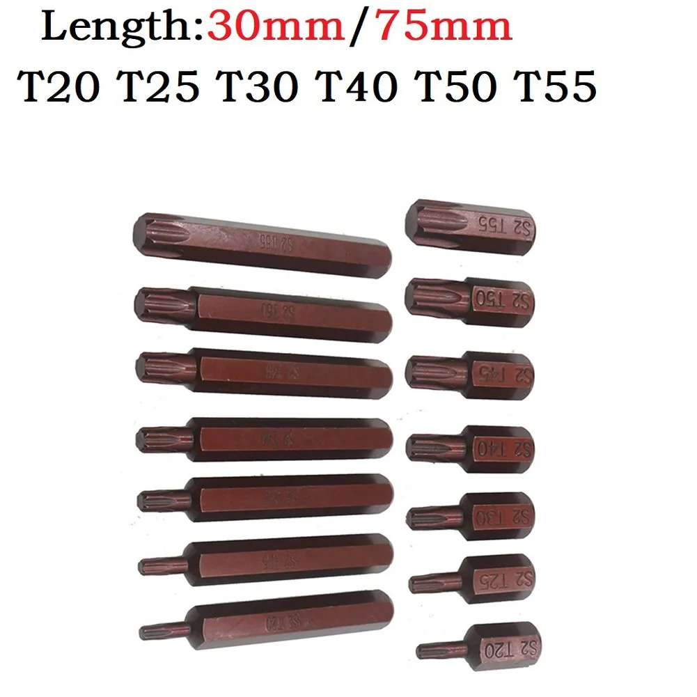 1pc 30/75mm Magnetische Torx-schraubendreher Bit Stahl 10mm Sechskantschaft Schraubendreher Für Schlagschrauber T20/T25/T30/T40/T45/T50/T55 – Detail 6