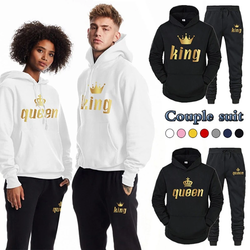 Men Sets Tracksuits Autumn KING or QUEEN Printed Hoodies + Sweatpants Couple Two Piece Suit Hooded Casual Sets Male Clothes trending men zipper hoodies pants 2pcs sets sweatshirt sweatpants male gyms fitness tops trousers joggers sportswear tracksuits