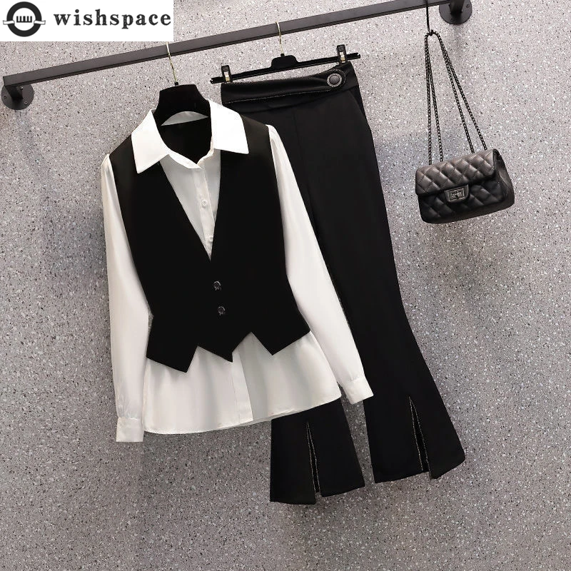 2022 Summer New Black Back Patchwork Chiffon Shirt Top Casual Trousers Two Piece Elegant Women's Pants Set Office Work Clothes