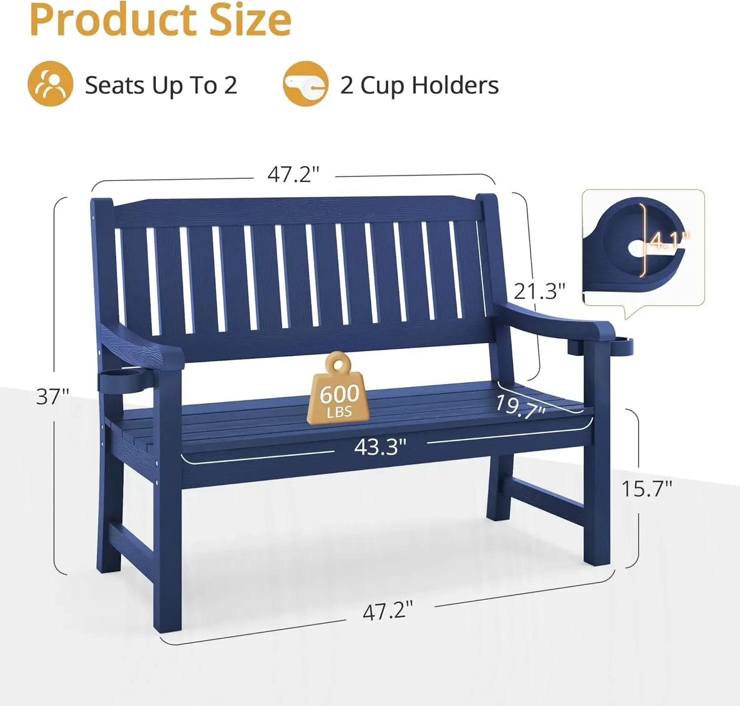 NEW-Outdoor Bench, 2-Person HDPS Garden Bench, Outdoor Benches Weatherproof, All-Weather Fade/Rot Resistant Patio Bench