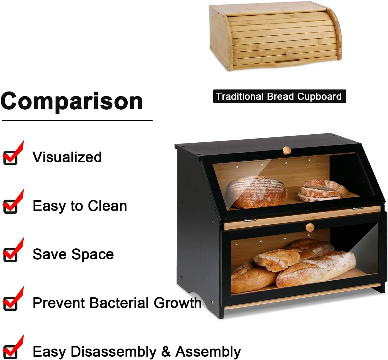 Double Layer Large Bread Box for Kitchen Counter, Wooden Large Capacity Bread Storage Bin  kitchen organizer 3