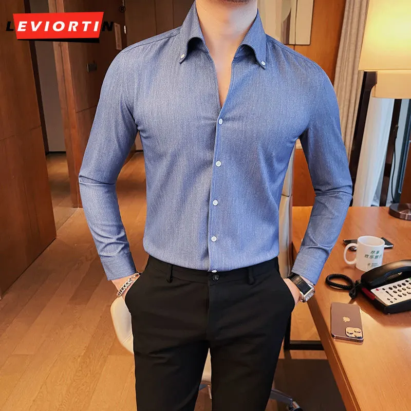 

High Quality 4XL-S Business Formal Wear Long Sleeve Shirts For Men Clothing 2023 Slim Fit Casual V Neck Blouse Homme Tuxedo Sale