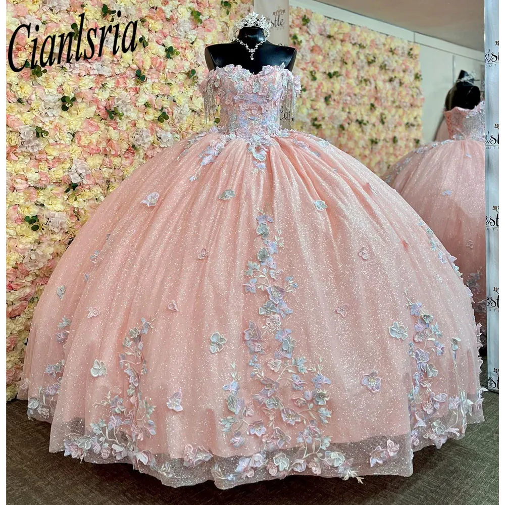 

Pink Princess Quinceanera Dresses Off Shoulder Lace Appliques Crystal Ball Gown Sweet 16 Dresses Vestidos De 15 Años Custom