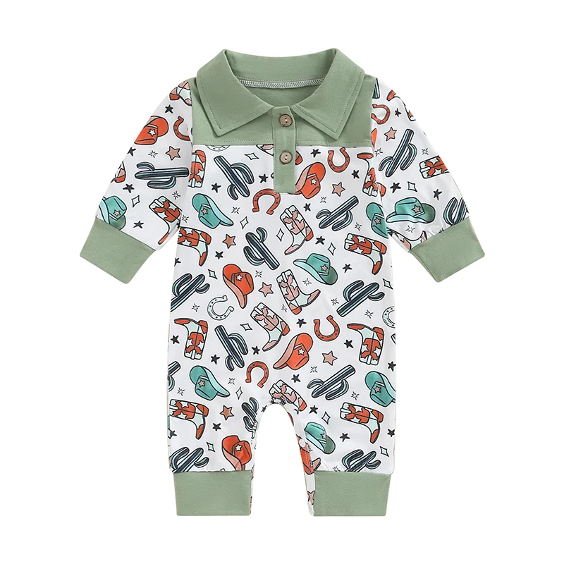 

Infant Newborn Baby Boy Jumpsuit Romper Hat Boot Print Long Sleeves Lapel Button Front Full Length Western Bodysuits