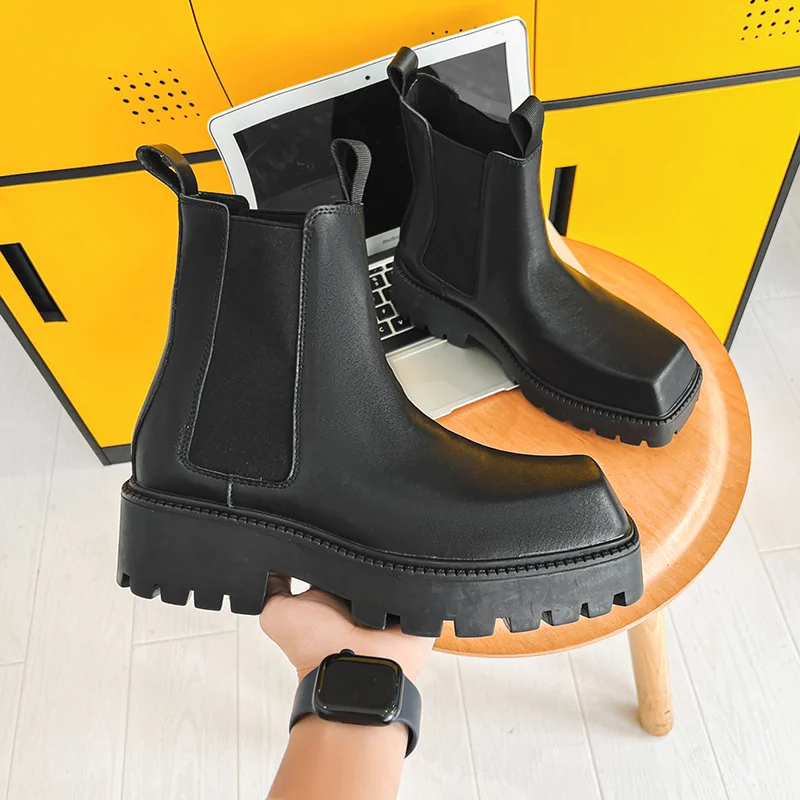 

Big Square Toe Thick Sole Chelsea Boots Women 2023 New Leather Black Short Boots men Sawtooth Sole Rainboots Ankle Botas