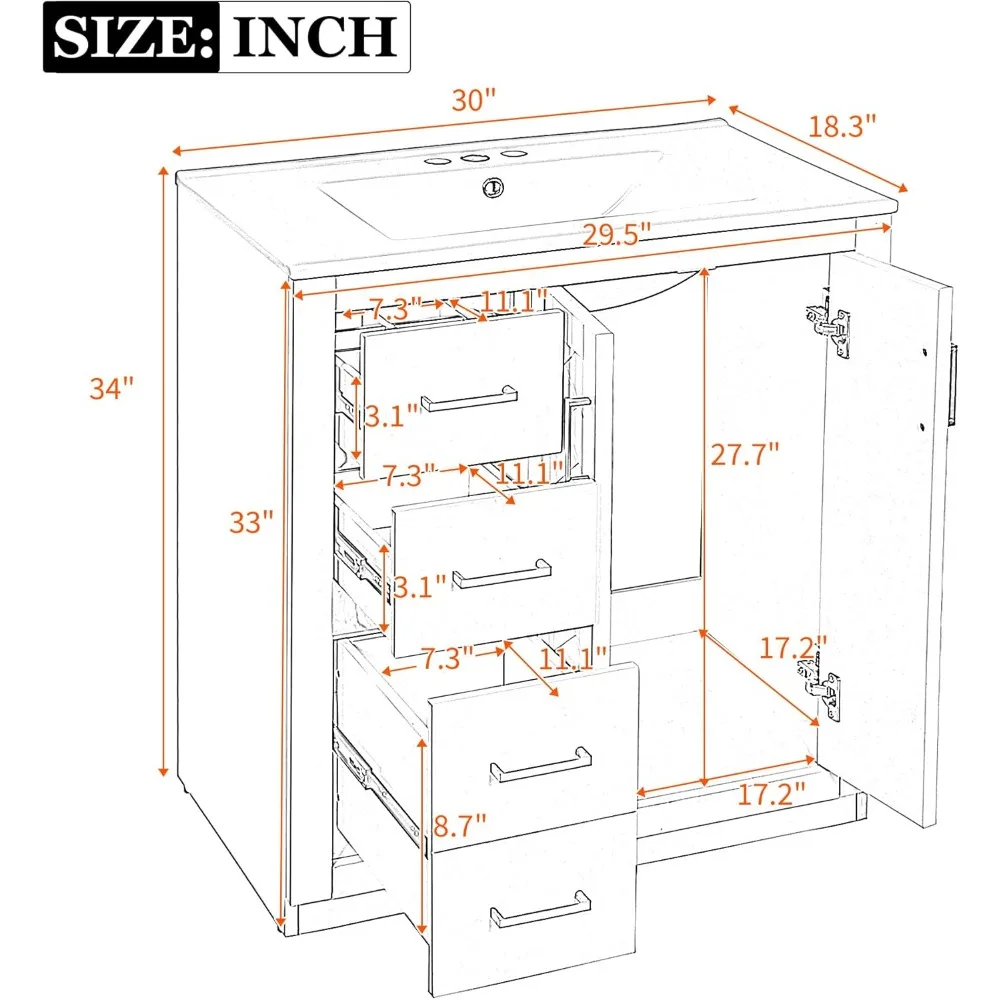 Herringbone Single Sink Bathroom Vanity, 30" Modern Bathroom Vanity Storage Cabinet with 3 Drawers and 2 Doors, Solid Wood Frame 2