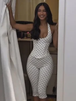 Chic Polka Dot Pants Set Women Halter Lace Up Sleeveless Backless Vest Hip Package Skinny Pants 2026 New Lady Y2K 2 Pcs Outfits 1