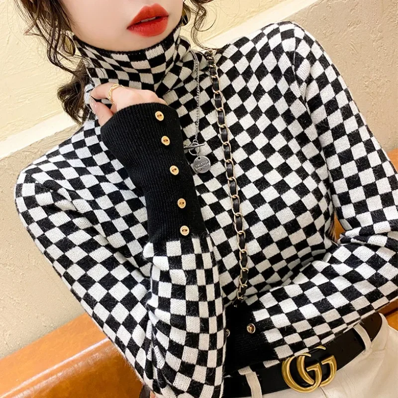 

Autumn and Winter Women's Pullover Heap Collar Geometric Plaid Slim Fit Long Sleeve T-shirt Underlay Fashion Elegant Casual Tops