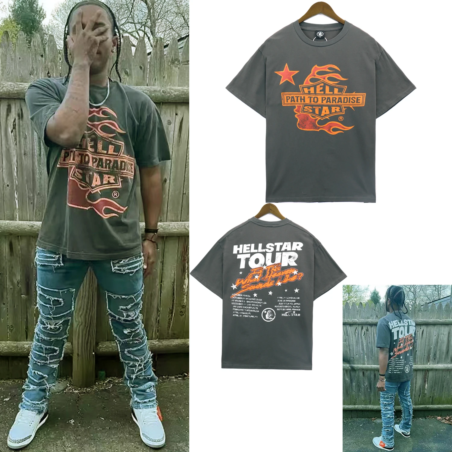 

2023 Hell-Star half-sleeved crack letter star print casual T-shirt cotton round neck short sleeve hip hop street men and women