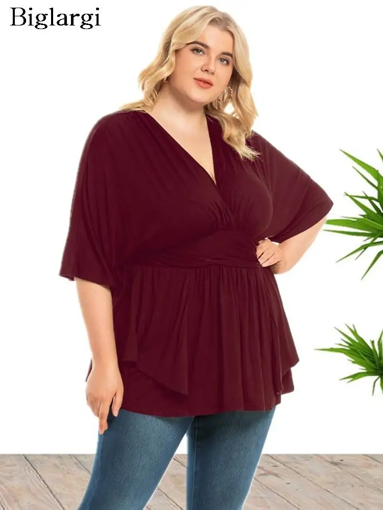 

Plus Size Summer Tops Women Ruffle Pleated Casual Ladies Blouses V Neck Fashion Loose Woman Tops 2023