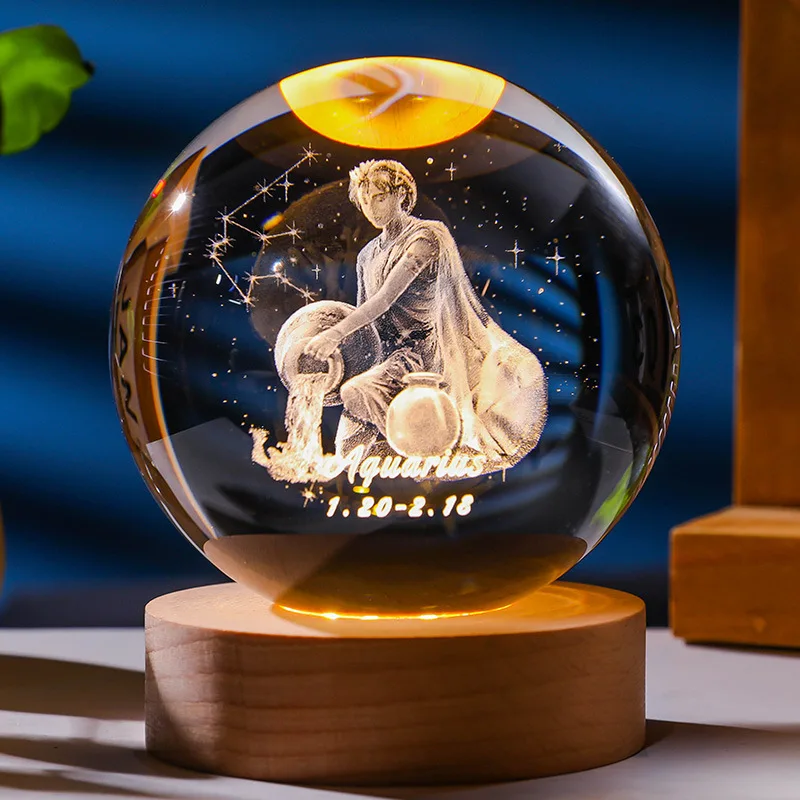 The twelve constellations luminous crystal ball carved night light Aries  birthday gift solid wood base creative small ornaments