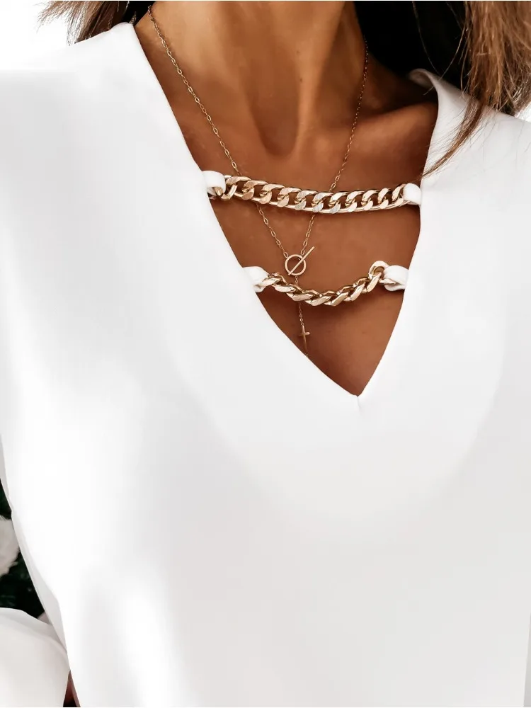 Fashion New Spring and Autumn V-neck Women's Chiffon Shirt Solid Color Neckline Chain Embellished Lantern Sleeve Casual Blouse