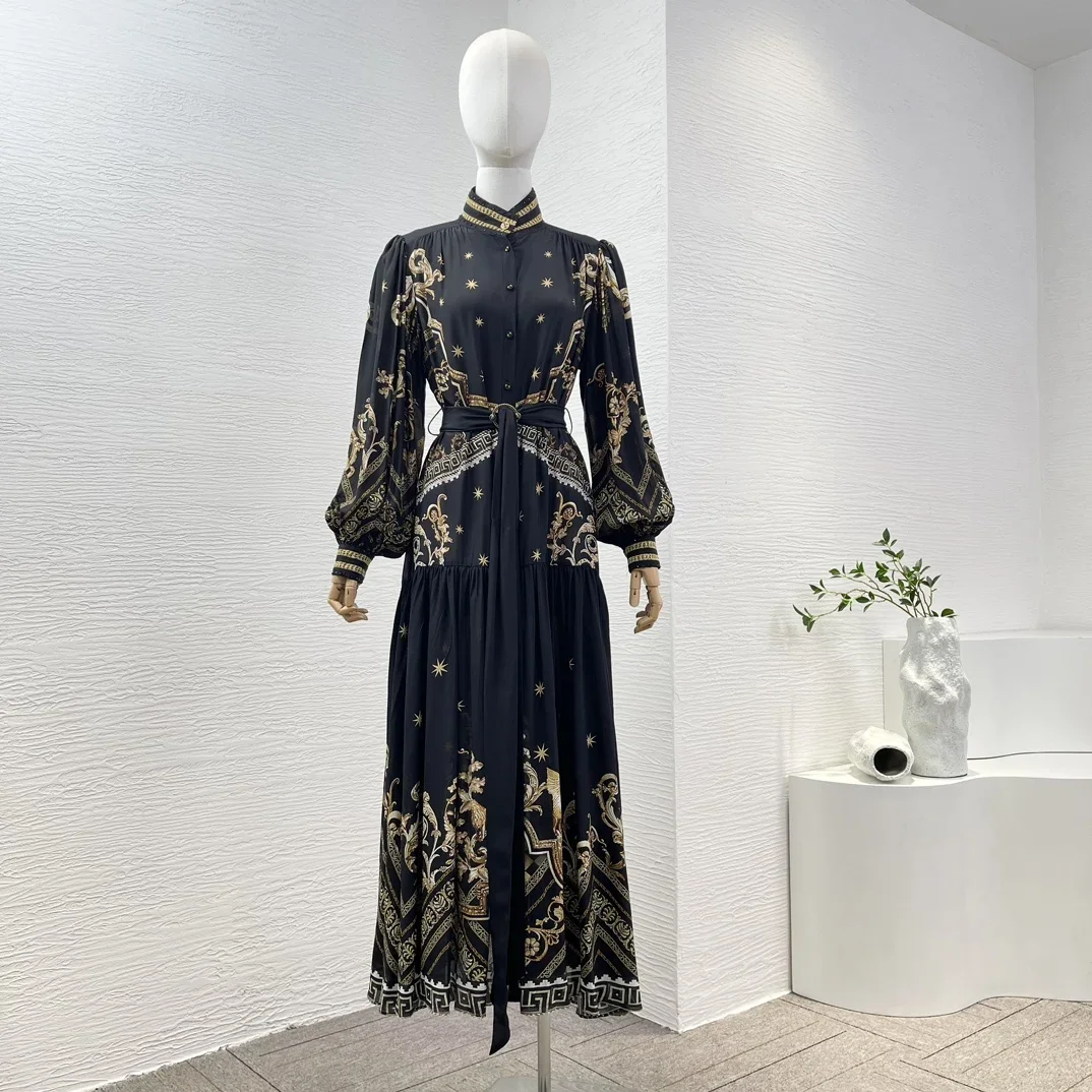 

Black Gold Position Print Long Lantern Sleeve Diamonds Pressed Stand Collar Pleat Women High Quality Silk Re-tro Midi Dress