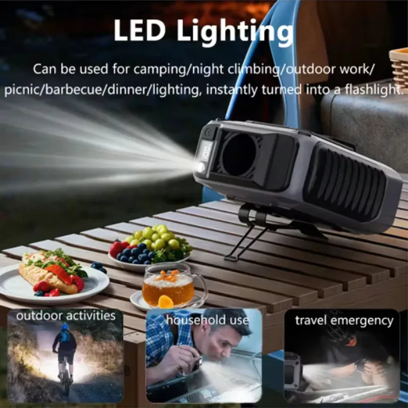 NEW Neck Waist Desk Fan USB Rechargeable With emergency Charging Flashlight Stand for Summer Travel Camping Hiking Large Battery