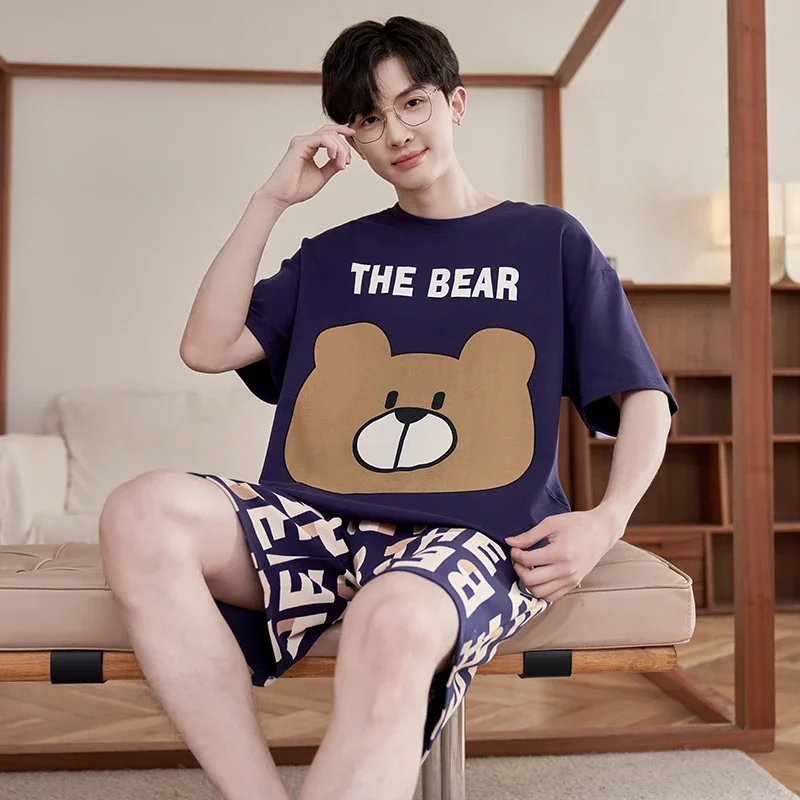

Summer Men's Pijama Sets Cotton Short Sleepwear Cute Bear Male Homewear Pyjamas Korean Loose Pajamas Conjuntos de Pijama 3XL