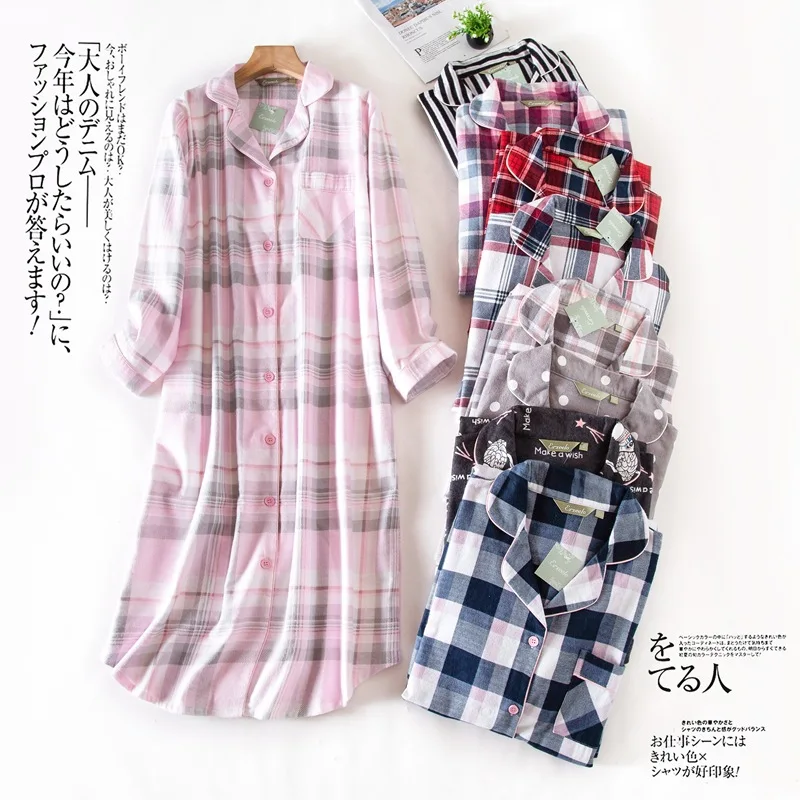 Women's Flannel 100% Cotton Nightgowns Button Down Boyfriend Nightshirt Mid-Long Style Sleepshirt Pajama Dress Casual Nightshirt 3