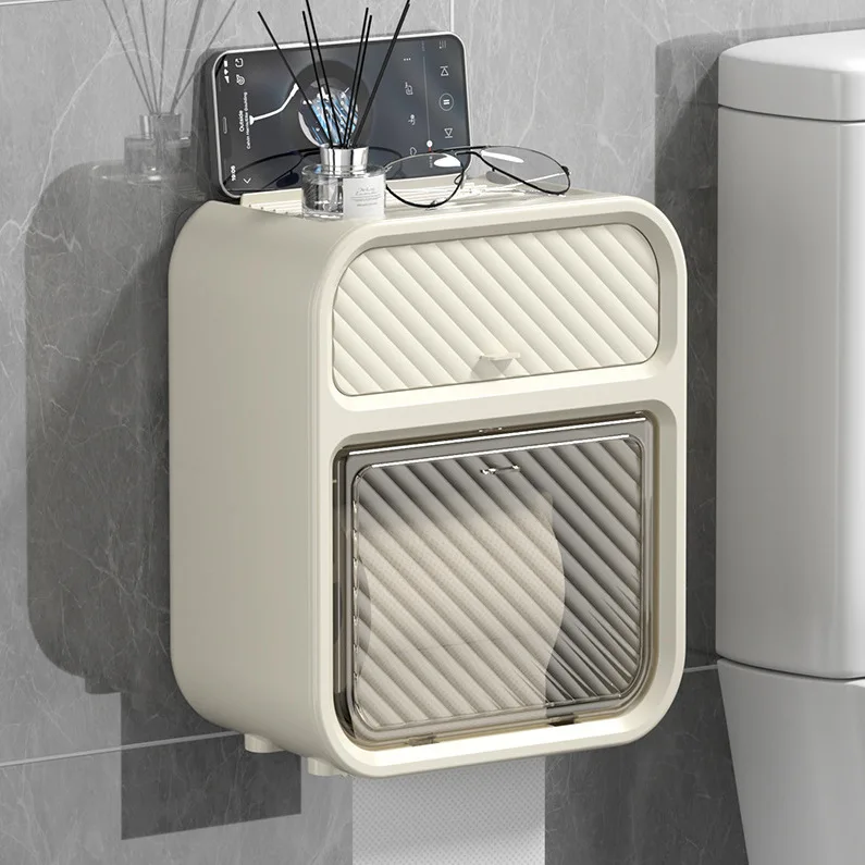 Toilet Tissue Box Light Luxury Bathroom Punch-Free Double Layer Shelf Wall Mounted Roll Paper Drawer Waterproof Storage Holder toilet paper holder bathroom organizer shelf