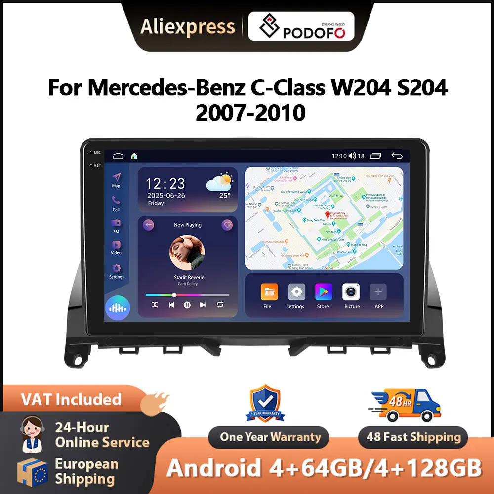 Reproductor multimedia para coche Podofo de 9 pulgadas para Mercedes-Benz Clase C W204 S204 2007-2010 Android CarPlay GPS Radio para coche WIFI FM/RDS EQ 1