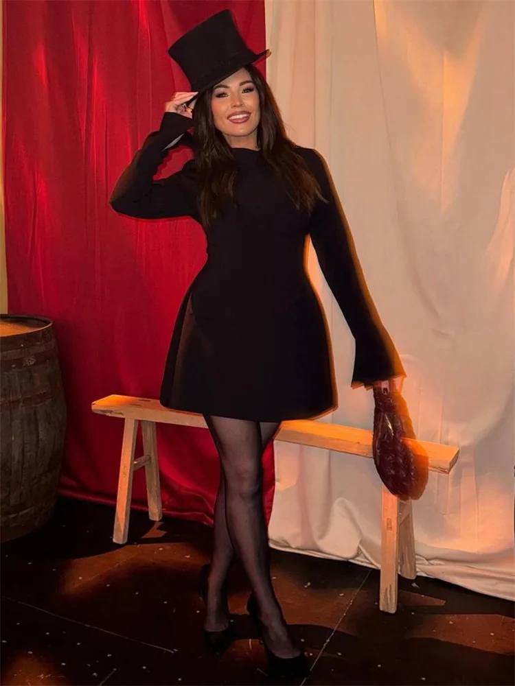 Female Autumn Elegant Mini Dress Women's Pocket Patchwork Slim Long Sleeve Commute Clothes Female Solid Casual Mini Dress