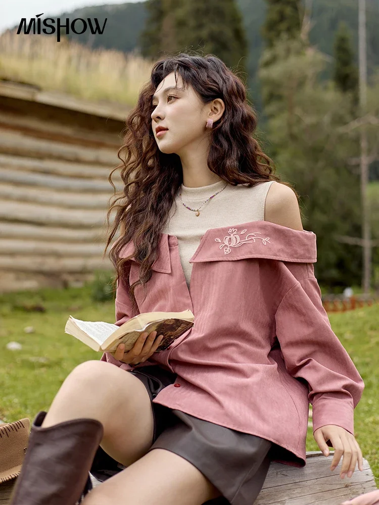 MISHOW Off Shoulder Fake Two-piece Spliced Contrasting Color Shirt 2024 Autumn Embroidery Loose Top Long Sleeve Shirt MXD43C0302 1