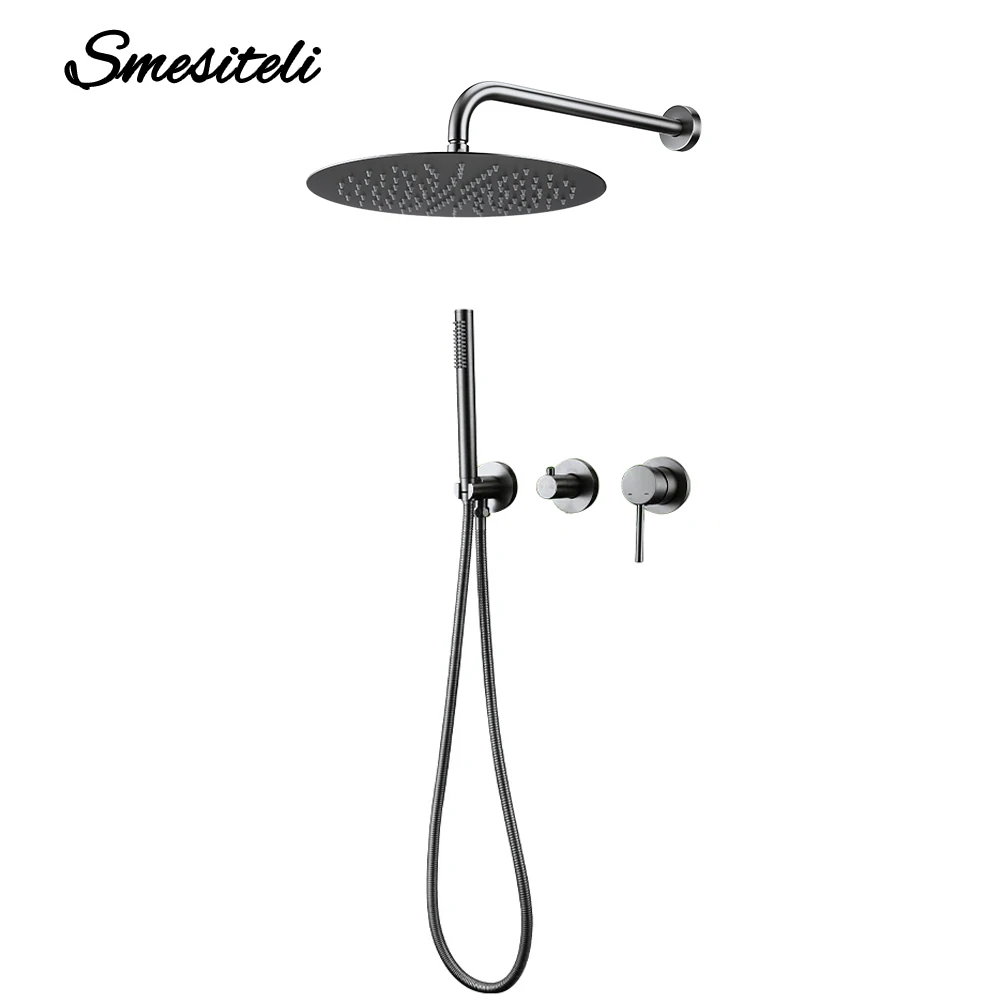 Gunmetal Shower Faucet  8-16'' Embed Box Wall Mounted ShowerHead Hot &Cold Shower Tap Handheld 2 Ways Ceiling Arm Shower Set 2