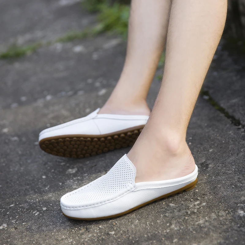 Summer Men Casual Loafers Fashion Breathable Genuine Leather Slippers Outdoor Light Mules Cool Half Shoes Italian Design Sandals — view 2