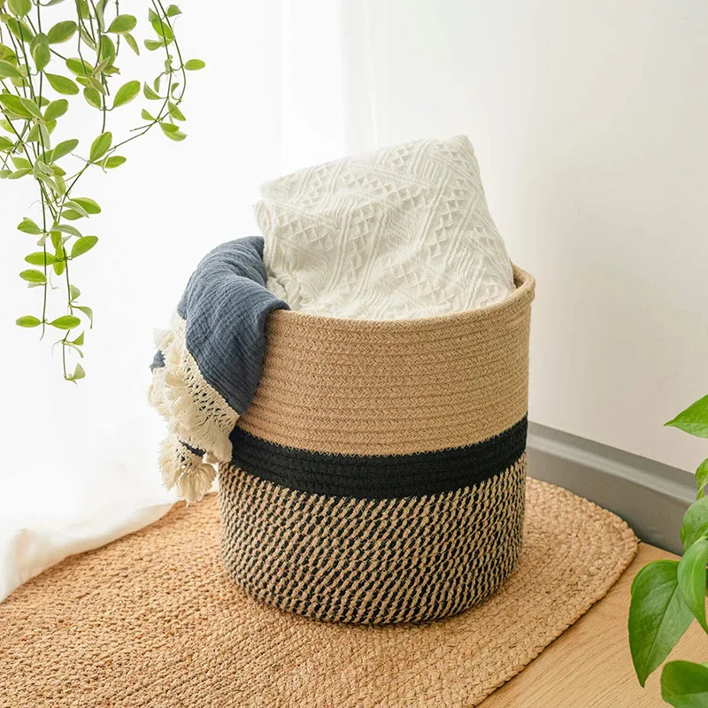

Foldable Cotton Rope Woven Storage Basket Flower Pot Basket Straw Round Storage Basket Home Decor Storage Baskets Laundry Basket