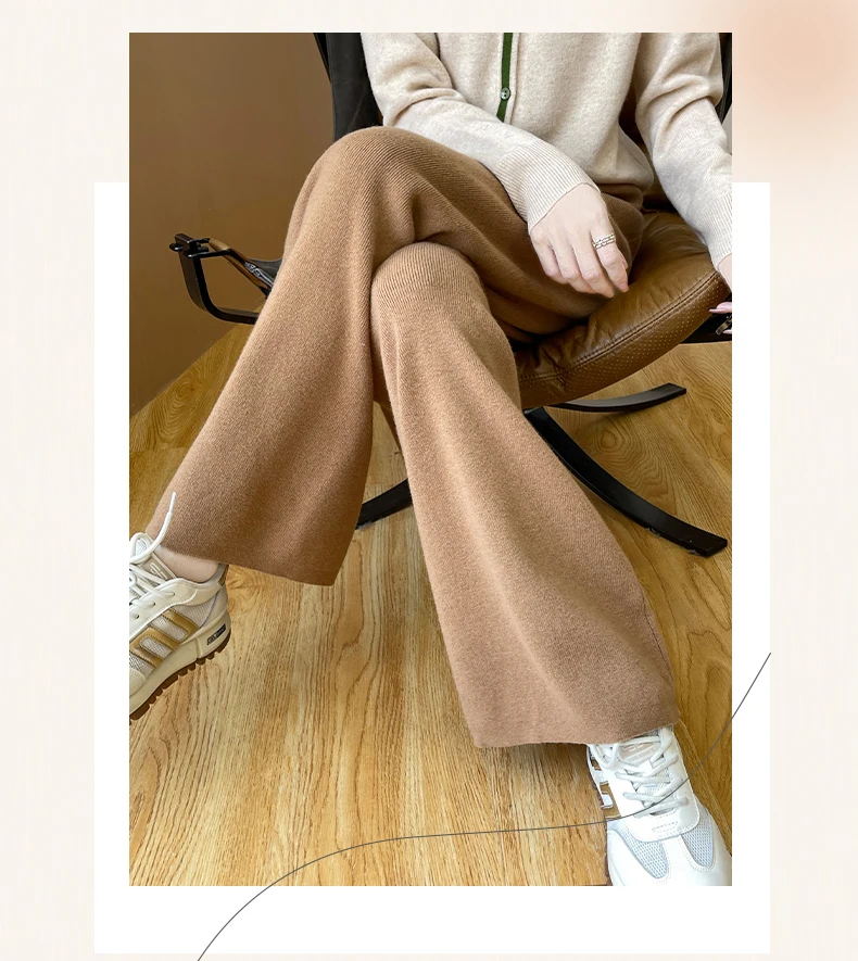 سراويل نسائية صوف مستقيمة للخريف والشتاء بخصر مطاطي 100% صوف ميرينو محبوك بجيوب صلبة سراويل كلاسيكية للمكتب للسيدات