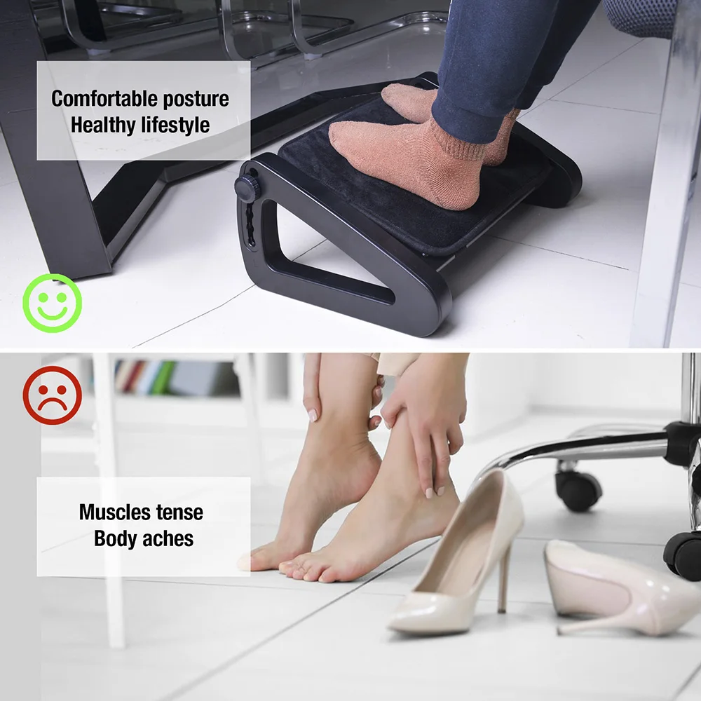 6 Height Adjustable Under Desk Footrest Ergonomic Leg Rest with Comfort Soft Pad and Massage Rollers for Home Office Work Study
