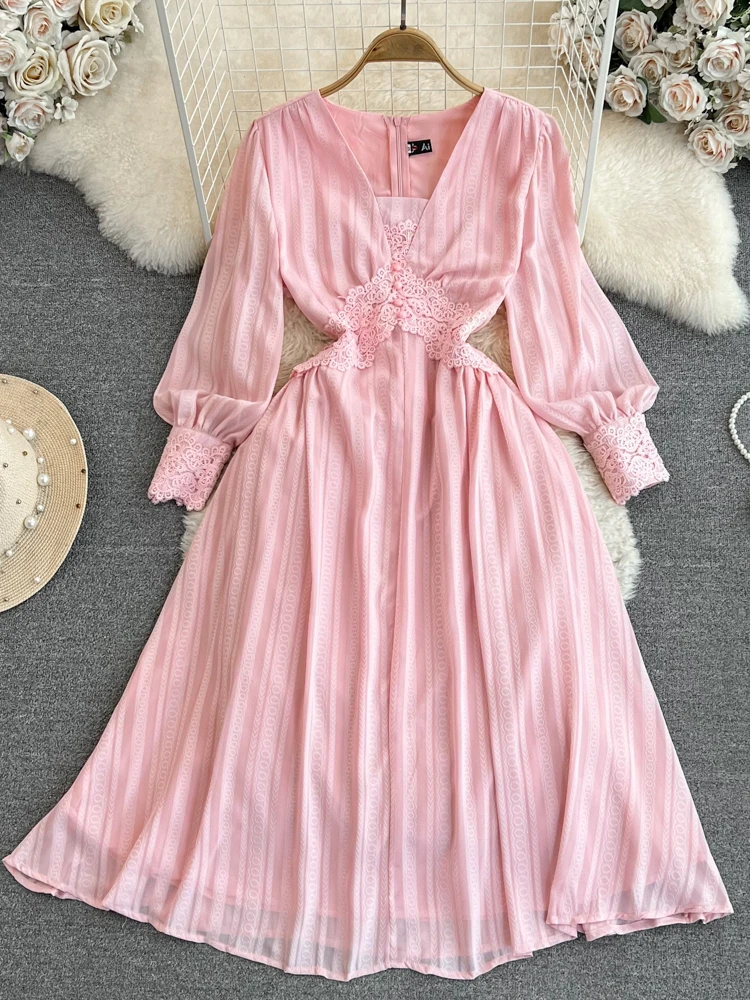 

FMFSSOM New Casual Spring Summer Solid Slim Full Lady Dress A Line V Neck Puff Sleeve Chiffon Pullover Mid-Calf Women Dresses