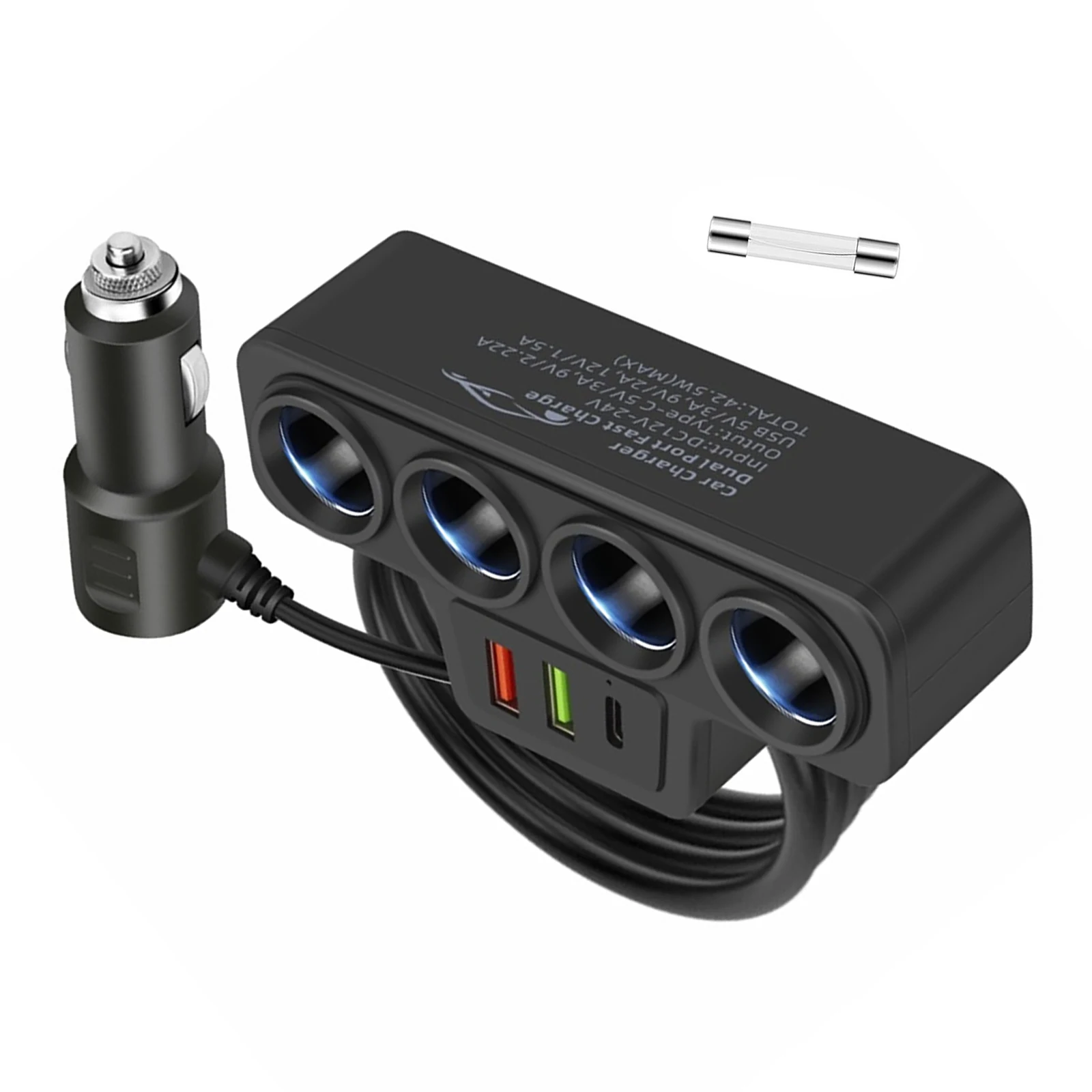 120W 7 in 1 Car Charger Adapter PD 4 Socket Cigarette Lighter Splitter Fast Charger Power Adapter DC 12-24V Auto Accessories