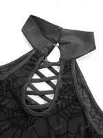 ROSEGAL Gothic Women Sexy Bodysuit Black Flare Sleeves Cold Shoulder Mesh Flocking Spider Web Lace Up O-Ring Lingerie Jumpsuit - Image 3
