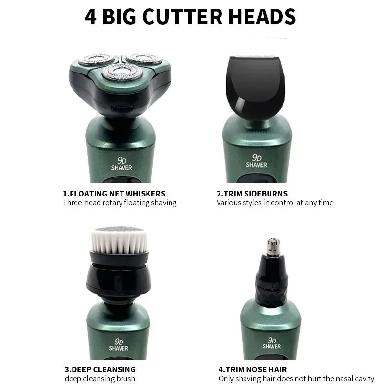 Electric Shaver Green Smart LCD Digital Display Three-head Floating Razor USB Rechargeable Washing Multi-function Beard Knife