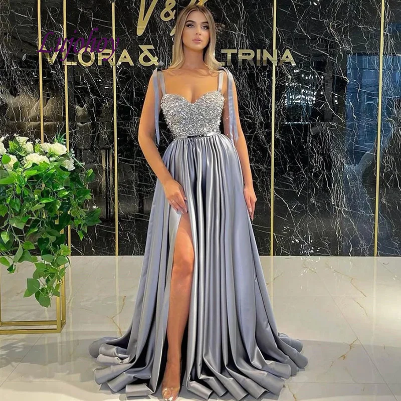 green evening dress Silver Luxury Long Evening Dresses Party Plus Size A Line Side Slit Satin Women Girl Dinner Celebrity Prom Formal Gown ball gown for women