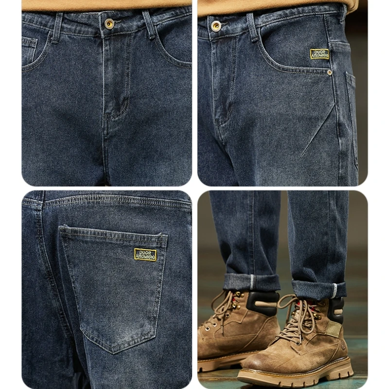 Fleece Thicked  Black Gray Jeans Men\'s Loose Straight Casual Slim-Fitting Middle-Aged Men Pants Winter Warm Trousers Male Cotton