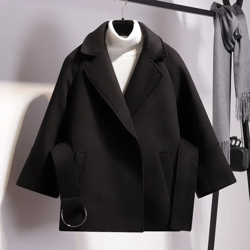 Khaki Blends Coats Autumn Winter Warm Casual Outwear Office Lady Solid Colors Big Sashes Pockets Lapel Jackets Overcoats Cloaks