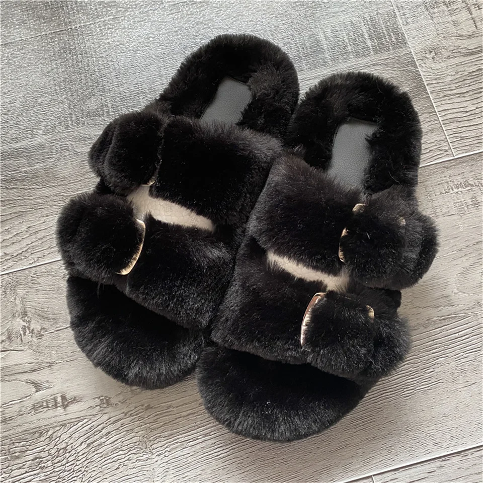 Modische Kunstfell-Hausschuhe für Damen, verstellbare Doppelriemen, Plüsch-Warm-Hausschuhe, flache Kunstfell-Slipper für Damen – Detail 11