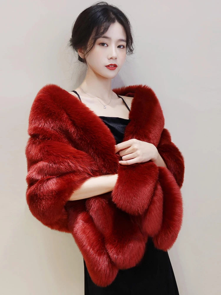 

Fur Shawl SolidColor Women's Short Loose Fashion Wedding Accessories Autumn and Winter Thick Warm High-End Banquet Cape Coat 1Pc