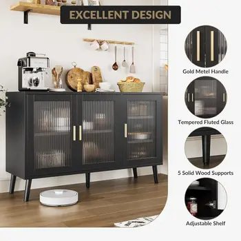 UK 48" Modern Buffet Cabinet with 3 Fluted Glass Doors - Black Sideboard with Adjustable Shelves, TV Stand for Living Room, Dini