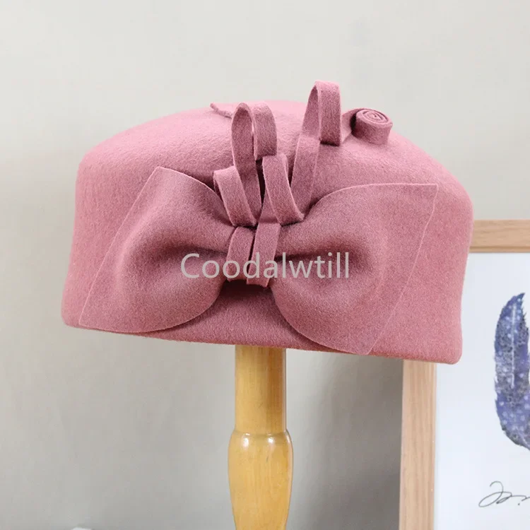 

100% Wool Felt Berets Hat Women Party Flower Formal Fedora Hat Banquet Grace Woolen Pillbox Cap Vintage Chapeau Cap Ladies