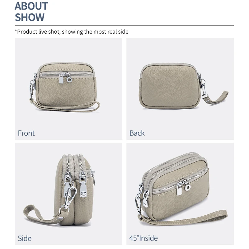 Fashion Genuine Leather Mini Wristlet Wallet Coin Purses Pouch Handbag Clutch with Wrist Strap Women 2 Zippered Change Wallet