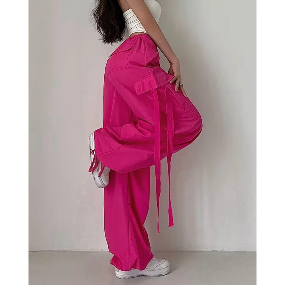 Korean Style Women Drawstring Pocket Design Cargo Pants Female Ribbon Decor Buckle Cuffed Wide Leg Pants Fashion Streetwear