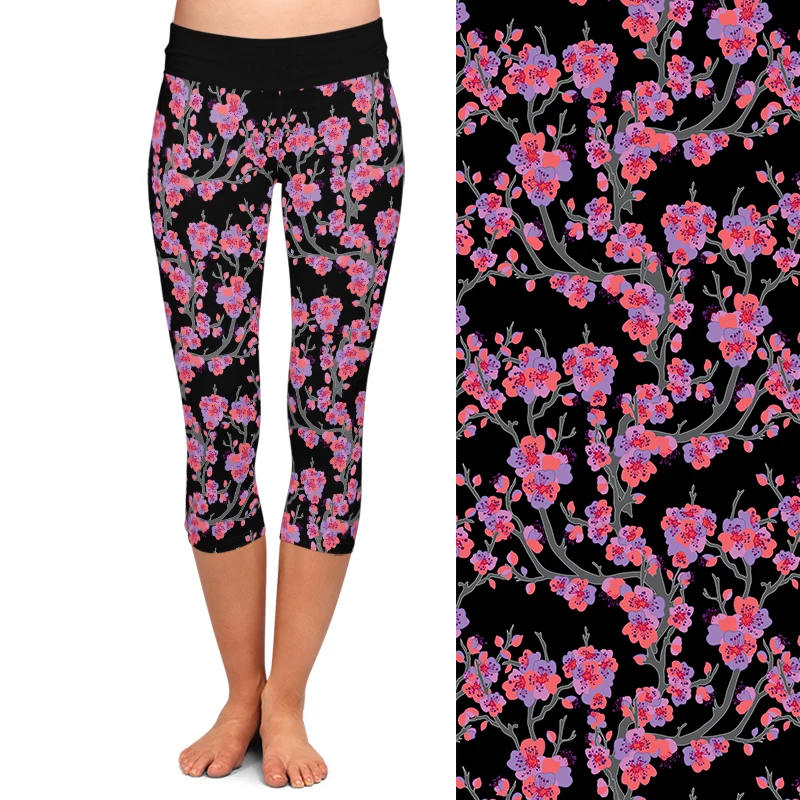 LETSFIND Summer New 220gsm Milk Silk Cherry Blossom Flowers Print Capri Leggings High Waist Soft Stretch Legings