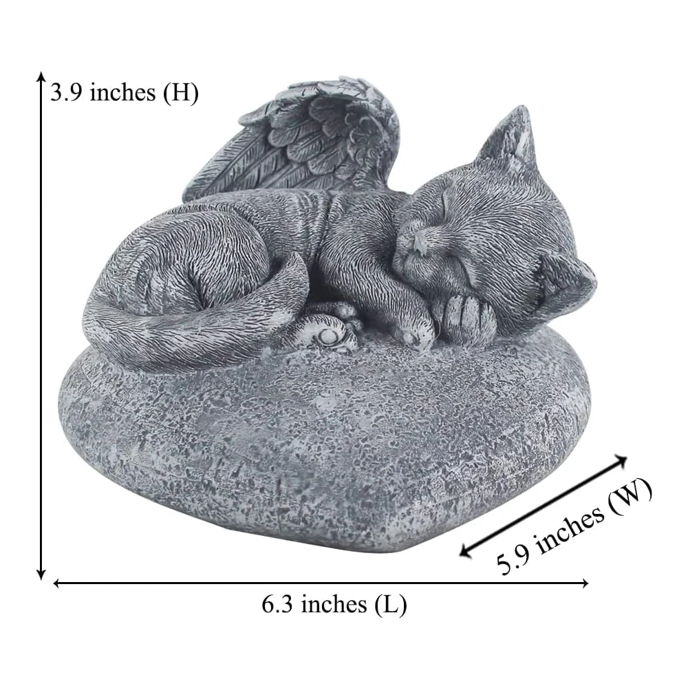 Dog Memorial Statue Angel Cat Memorial Garden Statue Stones Grave Markers with a Cat Sleeps on The Heart-Shaped Stone